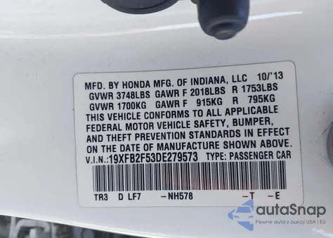 2013 Honda Civic Lx z USA, uszkodzony, nr VIN 19XFB2F53DE279573
